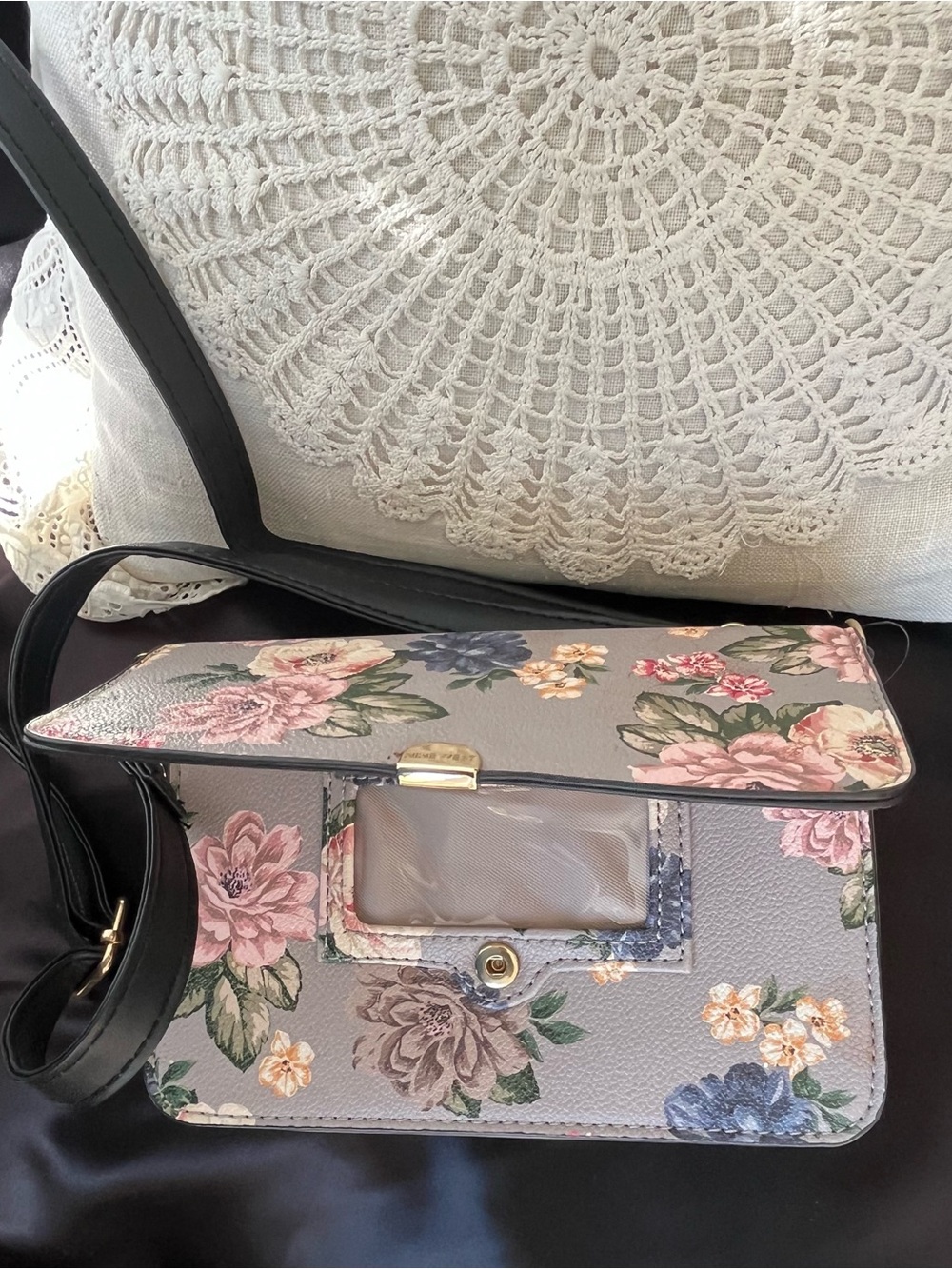Nine West Gray Floral Leather Wallet Purse with Floral Pink &  Blue Blooms, NWOT - Picture 4 of 8